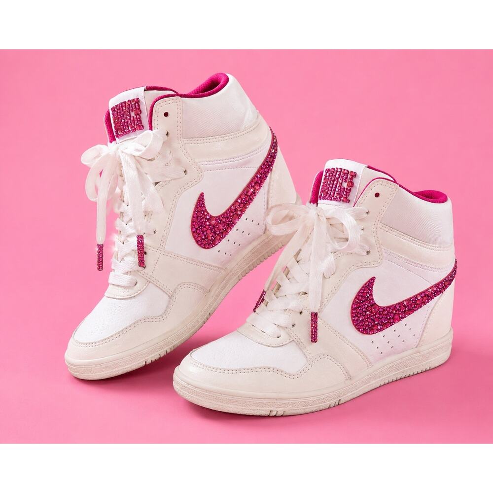 Nike Air Force Sky High Wedge Sneakers Women’s Sz 7 Custom Pink Rhinestone Bling